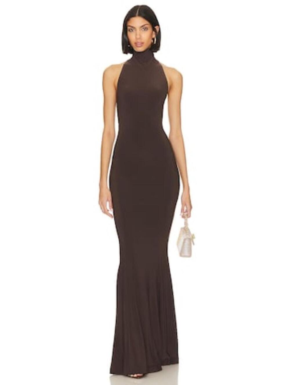 Norma Kamali Halter Turtle Fishtail Gown in Chocolate